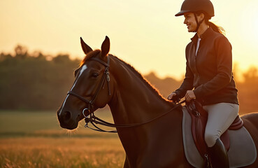 Woman rides brown horse in field at sunset. Rider wears helmet and casual clothes. Equine bond and outdoor equestrian activity in warm light.