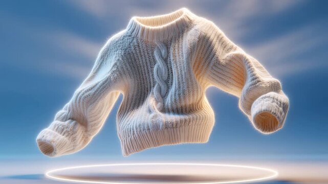floating wool sweater glowing against blue backdrop, levitating in warm rim light, high-detail knit texture, soft fluffy yarn, cinematic depth and subtle