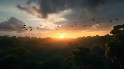 Majestic sunset vista with verdant forest and soaring birds in a scenic landscape