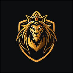 Fototapeta premium Regal Golden Lion Head with Crown and Shield Logo
