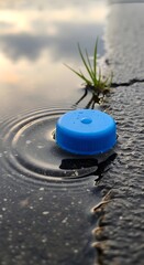 A close-up of a blue plastic bottle cap floating on a wet, cracked surface near a small patch of grass with a blurred natural background during daytime