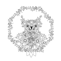 Owl in Floral square frame, monochrome outline stock vector illustration for web, for print, for adult coloring book, for children coloring page