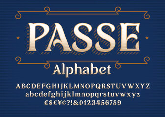 Passe display typeface. A full set of uppercase and lowercase letters, numbers, and punctuation in a vintage style. Ideal for headlines, vintage designs, and creative typography.
