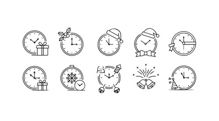 Collection of festive clocks and holiday icons in a distinctive silhouette style