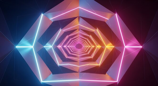 Abstract neon geometric tunnel with glowing light and futuristic design