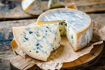 Blue cheese wedge and wheel on wooden board