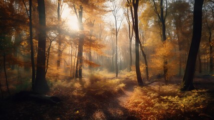 Naklejka premium Mystical sunlit forest path through golden foliage during the autumn season
