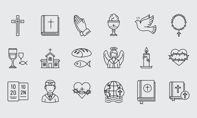 Fototapeta premium Christian Line Icon Set – Religion, Cross, Bible, Church & Faith Icons – Editable Stroke Vector