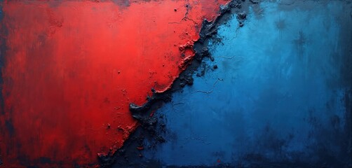 Abstract red and blue textured background split by dark rough edge. Contrasting colors signify opposition or rivalry. Dynamic abstract art divides space visually. Good for design.
