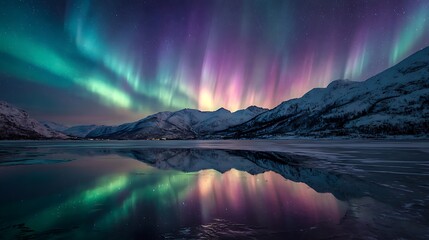 Mystical Reflection: Aurora Borealis Dancing Over Snowy Peaks in Tranquil Waters