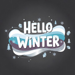 Hello winter text with snowflakes and ice crystals on a dark background