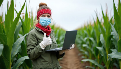 Woman farmer wears face mask and gloves in corn field holds laptop gives thumbs up. Agricultural expert checks crop growth using digital tech. Healthy harvest confirmed.