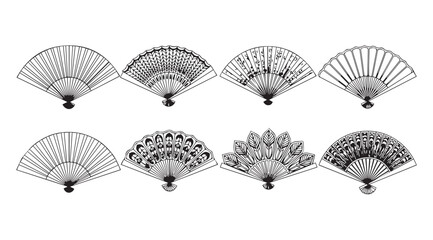Collection of ornate decorative fan silhouettes in black and white