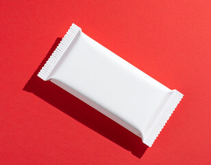 Clean Minimalist White Snack Bar Wrapper Mockup on Bold Red Background with Realistic Shadows for Modern Product Branding, Packaging Design, and Commercial Presentation