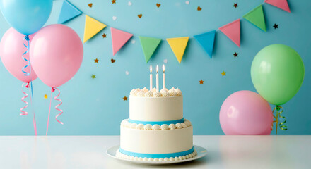 Two-Tier Birthday Cake with Balloons and Bunting Banner
