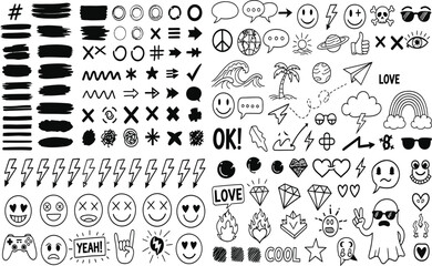 Obraz premium Collection of hand drawn doodle elements including smiley faces hearts stars and brush strokes for graphic design