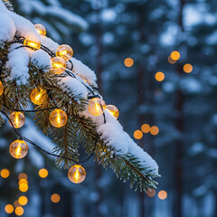 Snowy branch adorned with glowing fairy lights in a winter wonderland scene