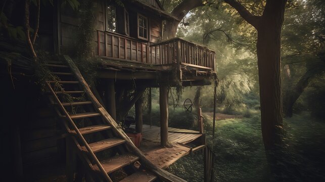 Enchanting woodland retreat: A rustic treehouse nestled amidst verdant foliage - Powered by Adobe
