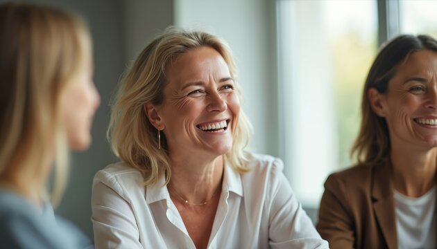 Three female colleagues joyful office meeting. Blonde woman laughs loud, smiles with happy friends. Pro team enjoys positive discussion, builds strong good relationships, shares ideas for future - Powered by Adobe