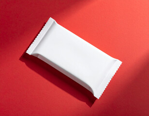 Clean Minimalist Blank White Snack Bar Wrapper Mockup Placed on Bold Red Background for Product Branding, Packaging Design, and Commercial Presentation