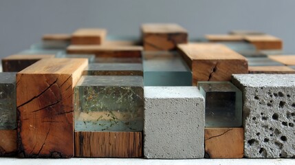 Harmonious juxtaposition of wood, resin, and concrete cubes creating an abstract cityscape