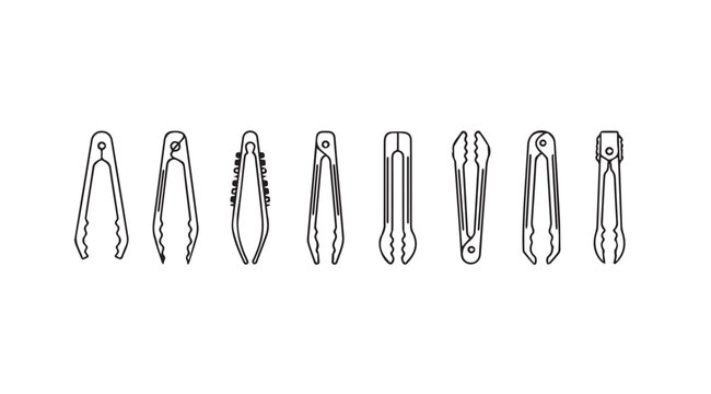 Collection of various kitchen tongs and tweezers in a stylized silhouette