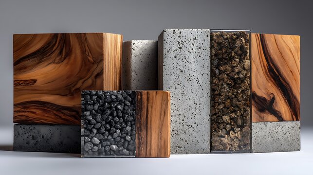 Intriguing composition of textured blocks, combining natural and industrial materials