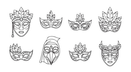Collection of ornate venetian masks in a stylized silhouette design