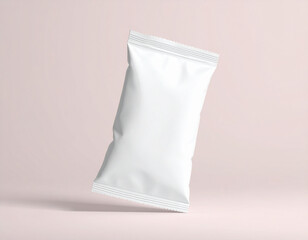 Minimalist Blank White Snack Pouch Floating on a Soft Pastel Background for Packaging Design, Branding Mockup, and Product Presentation