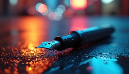 Fountain pen rests on wet surface reflecting neon city lights at night. Ink drops cling to nib, suggesting creative or business idea in urban setting.