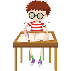 Young boy with glasses and red striped shirt writes in an open book at a wooden desk with a pencil wearing green and purple socks on a transparent background