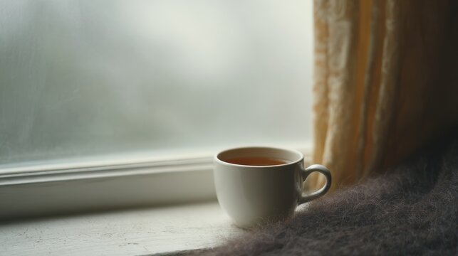 Cup Of Tea On Windowsill With Cozy Blanket And Curtain. Warm And Relaxing Atmosphere For A Peaceful Moment