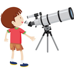 Young Boy With Brown Hair Wearing Red T-shirt and Brown Shorts Looking Through a Telescope on a Tripod During Daytime