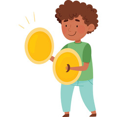 Young Boy with Curly Hair Wearing a Light Green T-Shirt and Light Blue Jeans Playing Cymbals with a Happy Expression and Yellow Accents on a Transparent Background