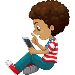 Young Boy With Curly Brown Hair Wearing A Red White And Blue Shirt Interacting With A Tablet Computer On A Transparent Background