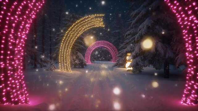 Illuminated Winter Forest Path with Pink and Gold Light Arches in Snow christmas