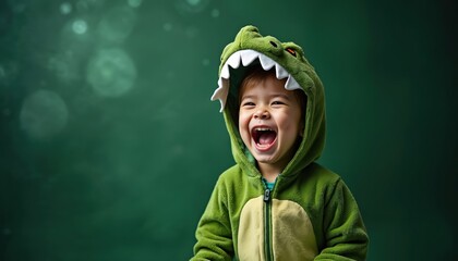 Naklejka premium Little kid wears green dinosaur costume pajamas. Child laughs with joy on green background. Fun fantasy creature play, dress up child excitement and happy emotion.
