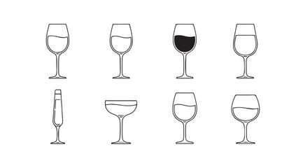 Collection of eight elegant wine and champagne glasses silhouette