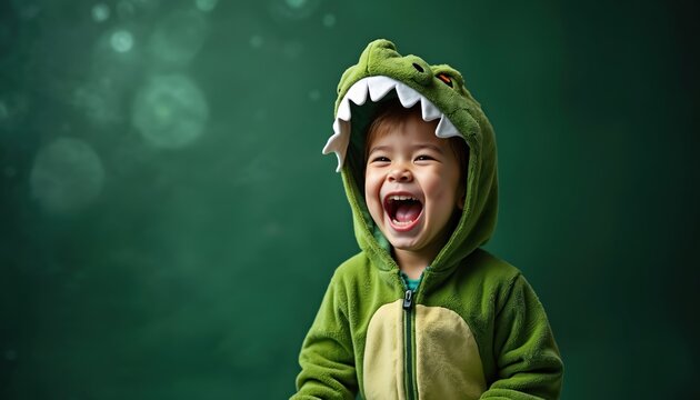 Little kid wears green dinosaur costume pajamas. Child laughs with joy on green background. Fun fantasy creature play, dress up child excitement and happy emotion.
