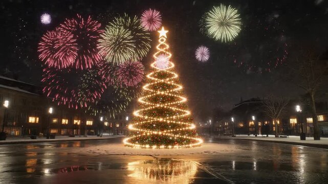 Illuminated Christmas Tree in a Snowy Town Square with Fireworks and Reflections Keywords: Christmas tree, decorated, lights, star
