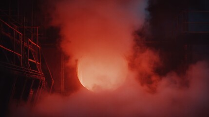 Molten Metal Glowing In Industrial Furnace With Red Smoke. Intense Heat And Energy In Steel Manufacturing