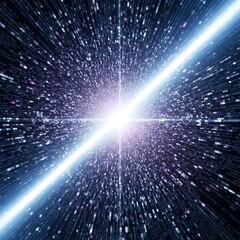 A dynamic digital abstract image featuring a bright central point with radiating pixel-like particles and a diagonal streak of light creating a sense of motion and energy