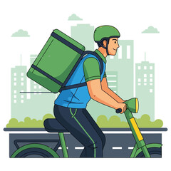 Vector illustration of bicycle courier carrying delivery backpack in city scene
