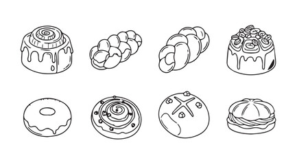 Collection of delicious baked goods and pastries in a charming silhouette style