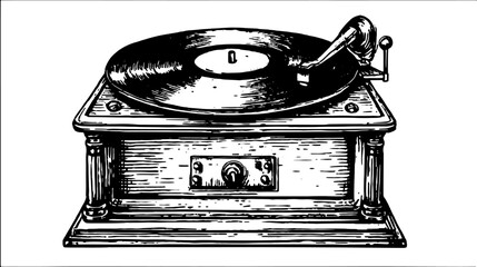Vintage engraving of a classic record player. Detailed line art illustration in black and white, showcasing retro style in vector format.