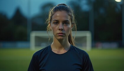 Young woman soccer player stands on grass field at goal at dusk. She looks serious, athletic, ready for game. Her hair is pulled back in ponytail, wearing dark jersey.