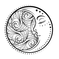 Crescent moon with serene face and stars. Detailed black and white celestial antistress illustration.