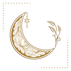 Botanical crescent moon with leaves and dotted border. Elegant minimal celestial vector line art.