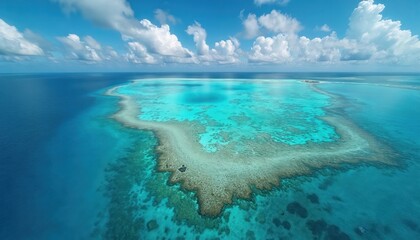 Aerial view of shallow tropical ocean water with large colorful coral reef structure below. Clear blue sky above with white clouds, showing underwater formations in turquoise lagoon. Distant island