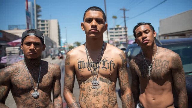 Gang members holding guns on a city street